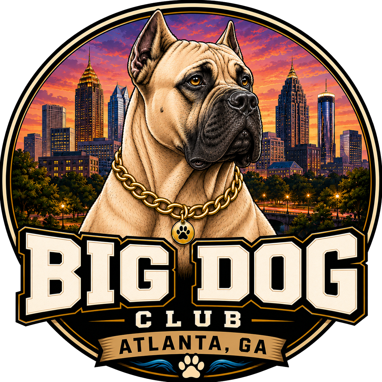 Big Dog Club Atlanta logo featuring a fawn Cane Corso and the Atlanta skyline