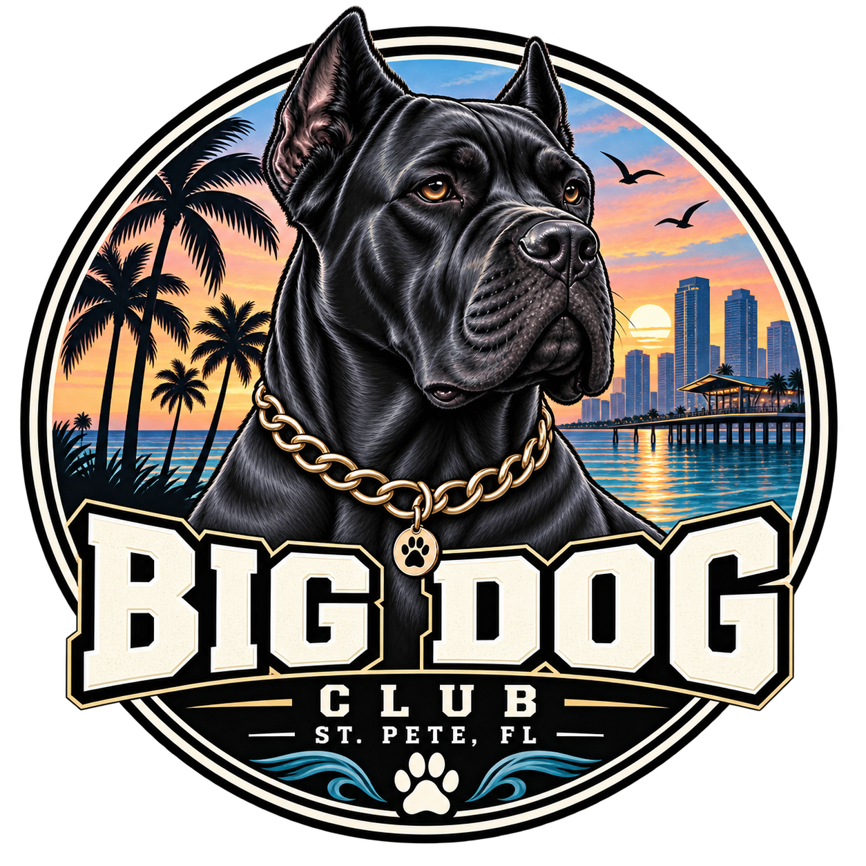Big Dog Club St. Pete logo featuring a black Cane Corso and the St. Petersburg waterfront